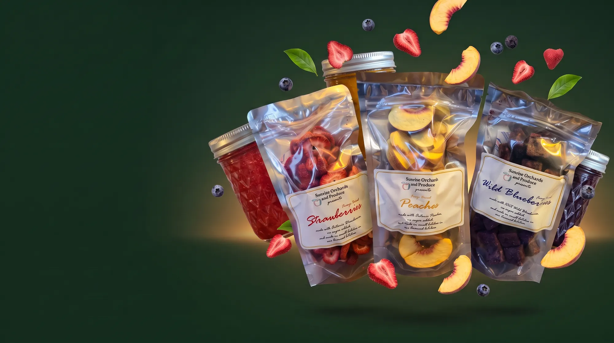 Bags of Sunrise Orchards freeze-dried strawberries, peaches and wild blueberries surrounded by floating fruit